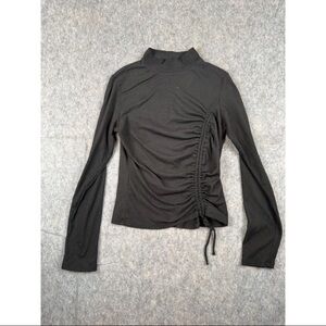 Paperoc Blouse Women's M Black Ribbed Ruched Long Sleeve Mock Neck Pullover Top‎